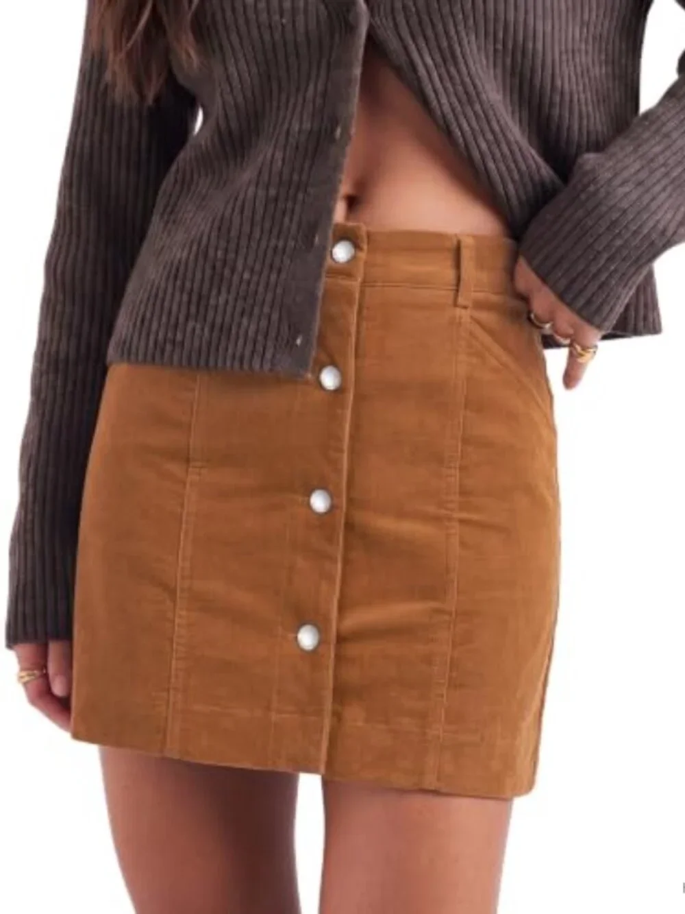 Women's Corduroy A-Line Mini Skirt with Pockets & Button Fly